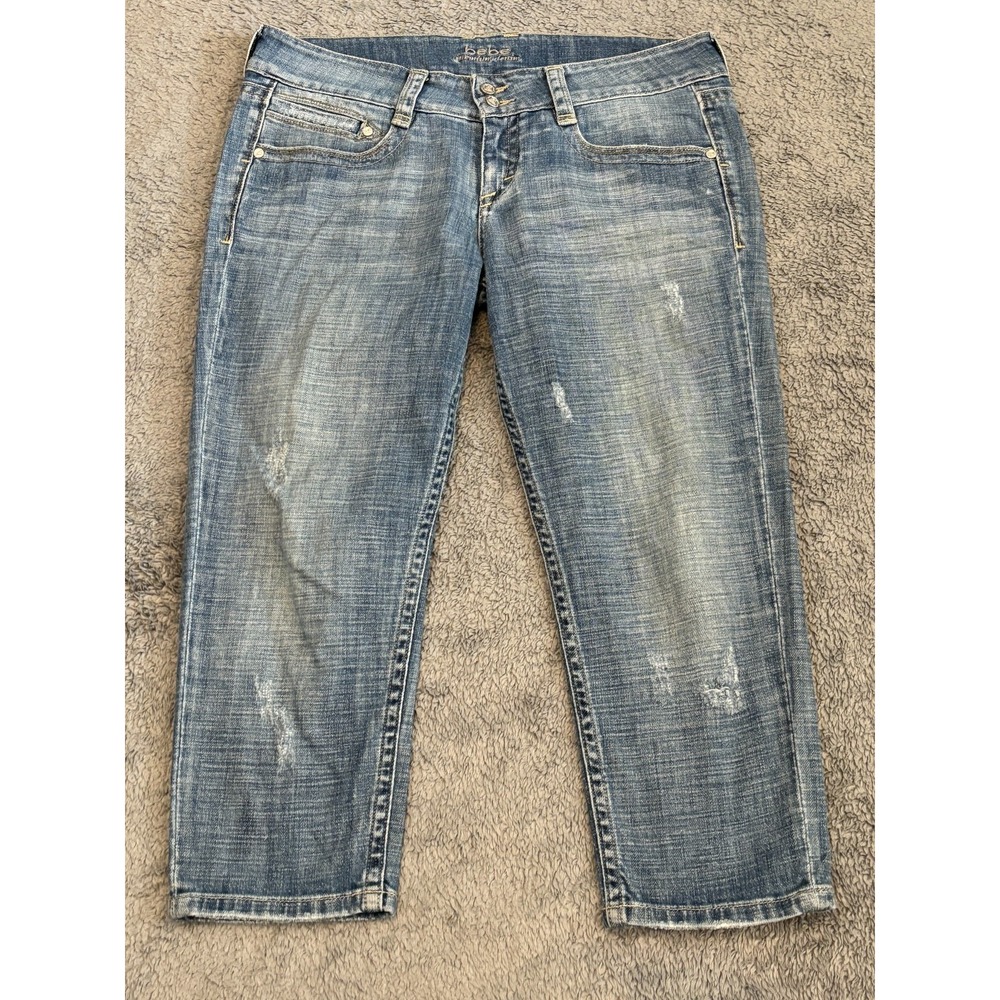Bebe Capri Jeans Womens 31 Cropped Embellished Blue Denim Riley Wash Distressed